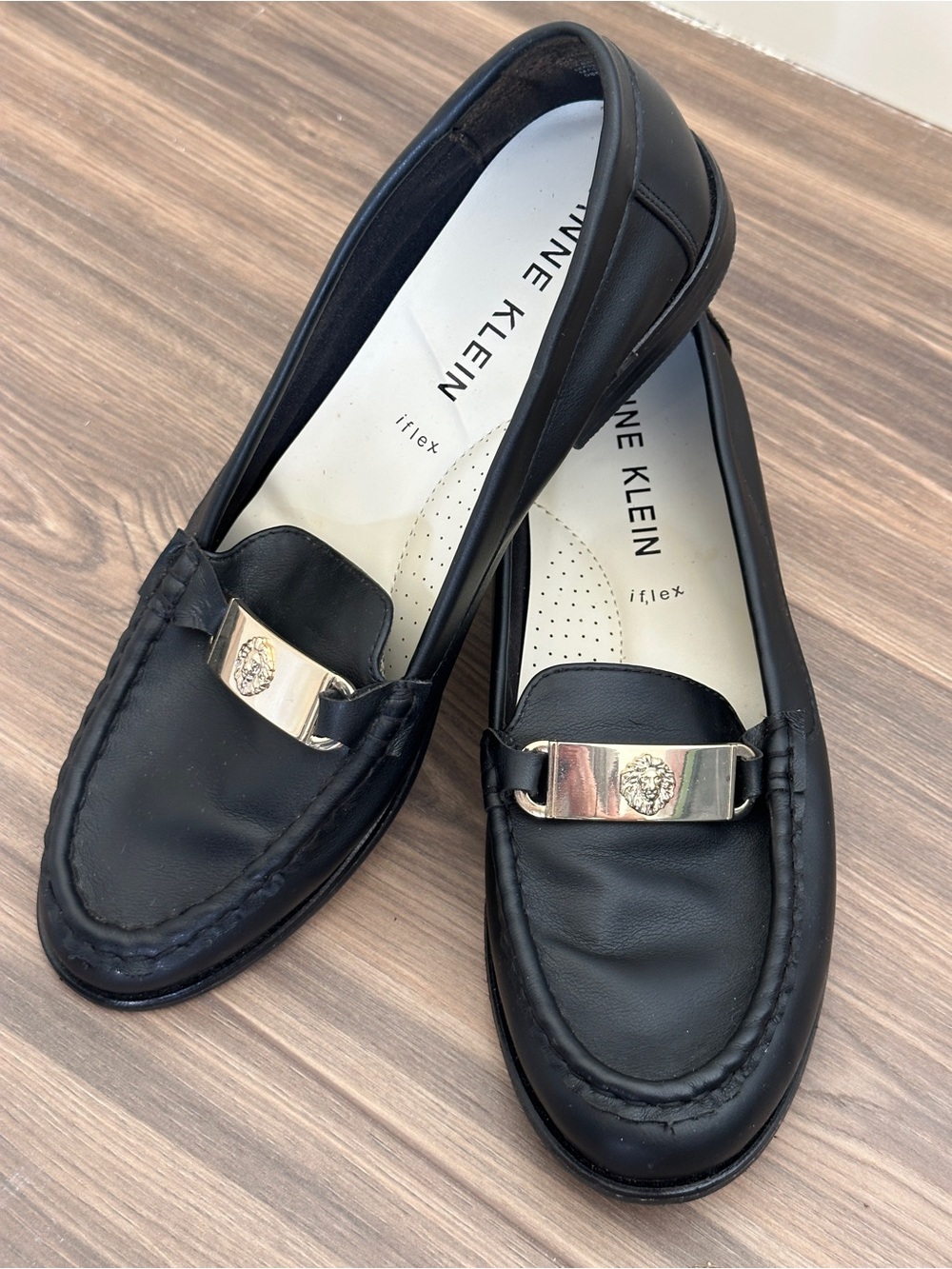 Anne Klein Black Leather Loafers with Gold-Tone Hardware